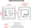 Technical drawings and specifications for a smart thermostat. Produktbild-Vorschau