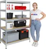 A woman stands next to a metal shelving unit filled with various storage containers. Produktbild-Vorschau