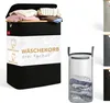 A product shot of a black laundry basket with three compartments, featuring text and graphics. Several other laundry baskets in different colors are visible on the right side of the image. Produktbild-Vorschau