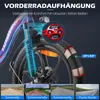 Close-up of an electric bicycle's front suspension and wheel, with inset images showing different road conditions. Produktbild-Vorschau