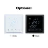Two smart thermostats, one white and one black, are displayed side-by-side on a white background. The text 'Optional' is above them, and labels 'White' and 'Black' are below each thermostat. Podgląd zdjęcia produktu