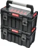 A stack of two black toolboxes with a clear lid on the top one, showing red dividers inside. The top toolbox has a silver and black handle. Náhled obrázku produktu