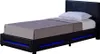 A black upholstered twin bed with blue LED lighting around the base, a gray blanket, and a white pillow. Produktbild-Vorschau