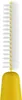 A close-up of the head of an interdental brush with yellow bristles and a yellow handle. Produktbild-Vorschau