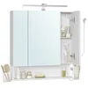 A white bathroom cabinet with a mirror and integrated lighting, featuring internal shelves stocked with toiletries. Náhled obrázku produktu