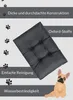 A dog bed cushion is shown diagonally on a light gray background with paw prints and text describing its features. A cartoon dog is in the bottom right corner. Produktbild-Vorschau
