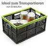A black folding crate with a green rim, filled with glass jars with silver lids, placed on a white background. Produktbild-Vorschau