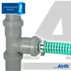 A close-up view of a gray plastic pipe fitting with a green ribbed hose attached by a metal clamp. Podgląd zdjęcia produktu