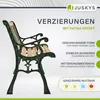 A green cast iron garden bench with wooden slats is shown against a light gray and white background, with marketing text and icons highlighting its features. Náhľad obrázku produktu