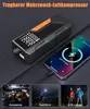 A portable air compressor is shown charging a smartphone, with smaller inset images demonstrating its use as a flashlight for car emergencies, as a night light, and as SOS lights. Produktbild-Vorschau