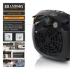A close-up of a black mini heater with its plug rotated, next to a graphic explaining its application in different settings. Náhled obrázku produktu