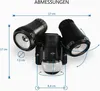 A diagram showing the dimensions of a black LED outdoor wall light with a motion sensor. Produktbild-Vorschau