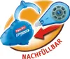 A marketing image showing a blue correction tape dispenser and its refill mechanism, with a red arrow indicating the refill process. Anteprima dell’immagine prodotto