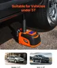 An orange electric car jack is shown under a vehicle, with two smaller images of cars at the bottom. Voir les images du produit