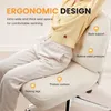 A person is sitting in an ergonomic office chair, with text overlays highlighting the chair's features. Produktbild-Vorschau