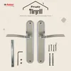 A product image featuring two door handles and their accessories against a light beige background, with text overlays describing the product. Produktbild-Vorschau