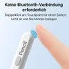 A finger is touching a stylus pen, with text overlay describing its features. Produktbild-Vorschau