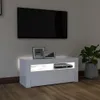 A white TV stand with LED lighting, a television mounted on the wall above it, and decorative items on top. Produktbild-Vorschau