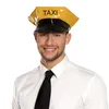 A man wearing a white shirt and black tie is shown wearing a yellow taxi driver hat. Produktbild-Vorschau