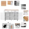 A collage of images showing a white kitchen cart with a wooden top, its features, and assembly details. Podgląd zdjęcia produktu