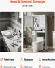 A split image showing a cluttered bathroom counter on the left and a neat bathroom storage unit over a toilet on the right, with icons and text below. Voir les images du produit