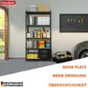 A garage or storage area with a shelving unit filled with various items, a tool bag, and a car. Anteprima dell’immagine prodotto