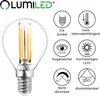 A product image of a LUMILED LED light bulb with various feature icons and text. Produktbild-Vorschau