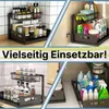 Collage of images showing a two-tier pull-out organizer used in a kitchen and under a sink, holding various bottles and containers. Produktbild-Vorschau