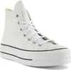 A white Converse high-top sneaker with a platform sole is shown against a white background. Produktbild-Vorschau
