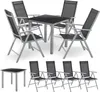 A set of outdoor furniture including a table and chairs, presented on a white background. Produktbild-Vorschau