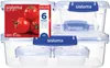 A set of clear plastic food storage containers with blue lids, stacked and arranged in a way that shows the different sizes and the packaging label. Produktbild-Vorschau
