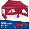 A diagram showing the dimensions of a red pop-up gazebo, with a carrying bag shown below. Produktbild-Vorschau
