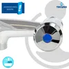 A close-up of a chrome faucet with a blue button, set against a white and light gray background with graphic elements. Produktbild-Vorschau