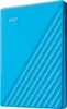 A blue external hard drive is shown from a slightly elevated angle against a white background. Produktbild-Vorschau