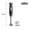 A black and silver Braun hand blender is shown vertically against a white background, with its dimensions and specifications listed. Produktbild-Vorschau