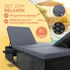 A sun lounger by a pool with text overlays highlighting product features. Produktbild-Vorschau