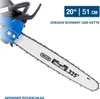 A close-up, angled view of a blue and black chainsaw with a white bar and chain, set against a white background. Text overlays provide product specifications. Produktbild-Vorschau