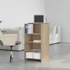 A bookshelf with a laptop on top, placed in a living room setting next to a sofa and chair. Náhled obrázku produktu