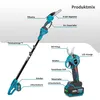 A collage of two cordless garden tools, an extendable pole saw and a pair of pruning shears, with labels pointing out their features. Produktbild-Vorschau