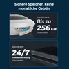 The image shows two distinct sections highlighting storage options for a security camera system. The top section features a close-up of a camera with a microSD card slot, emphasizing storage capacity. The bottom section displays a Reolink NVR device, promo Produktbild-Vorschau