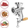A manual meat grinder is shown with three circular insets displaying raw meat, nuts, and vegetables. Produktbild-Vorschau