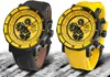 Two Vostok Europe watches with yellow dials and black or yellow straps, displayed on a textured gray surface. Podgląd zdjęcia produktu