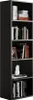 A tall, narrow black bookshelf with five shelves, filled with books and decorative items. Anteprima dell’immagine prodotto