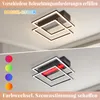 A split image showing a modern ceiling light fixture. The top half shows the light in a neutral white setting, while the bottom half displays it with colored lighting options and color swatches. Voir les images du produit