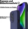 A close-up marketing image showing a blue phone case with text overlays highlighting its features. Produktbild-Vorschau