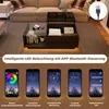 A modern coffee table with LED lighting, demonstrated through app screenshots. Produktbild-Vorschau