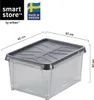 A clear plastic storage box with a gray lid, showing dimensions and branding. Produktbild-Vorschau