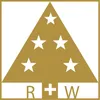 A golden triangle with white stars and the letters R, +, and W at the bottom, set against a white background. Produktbild-Vorschau