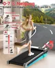 A woman is running on a treadmill with a scenic mountain road in the background, illustrating the product's features. Produktbild-Vorschau