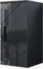 A tall, narrow cabinet with a dark, glossy front featuring a geometric pattern and a city skyline and tree reflection. The right side of the cabinet is solid black. Produktbild-Vorschau